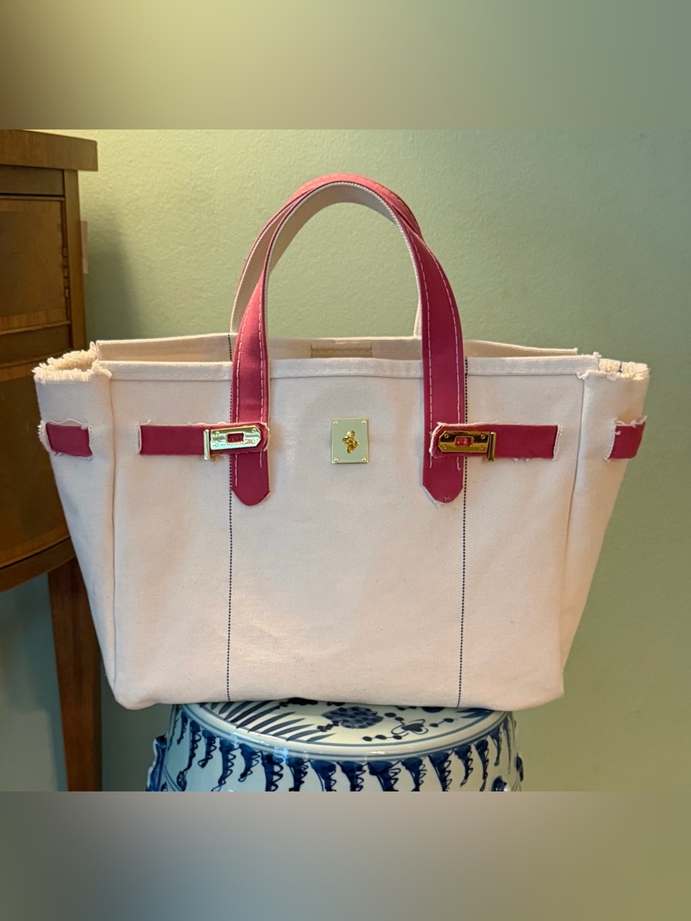 Handmade repurposed L.L. Bean Canvas Tote bag Boatkin in vintage rose - Gold
